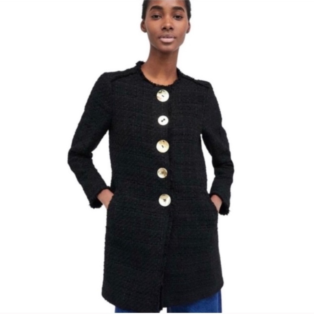 ZARA Tweed Black Coat with Gold Buttons Size M